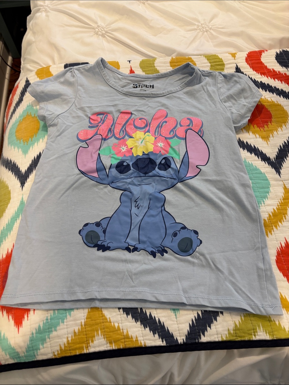 Disney Light Blue Lilo & Stitch Graphic Tee with Pink Floral Accents